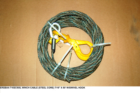 Winch Cable (Steel Core) 7/16" X 50'  W/Swivel Hook