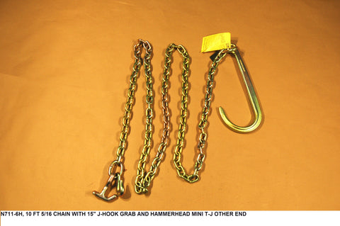 10 ft 5/16" Chain With 15" J Hook Grab & Hammerhead Mini T-J